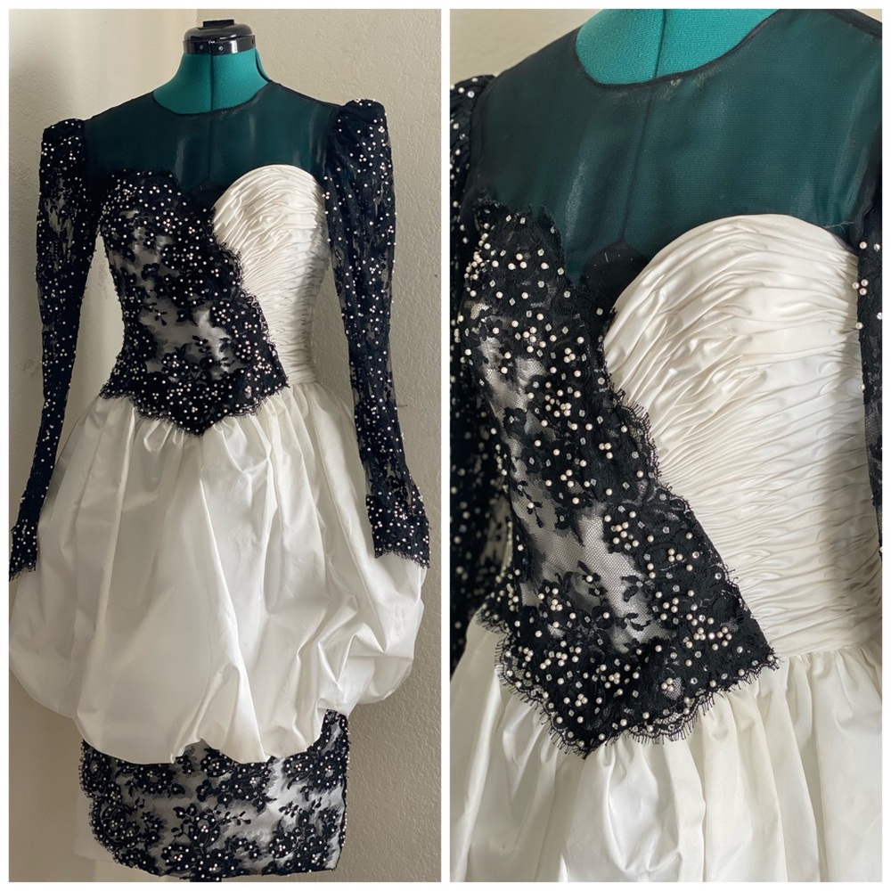 VICTORIAN BLACK AND WHITE MIDI VINTAGE PEPLUM CRYSTAL WEDDING DRESS
